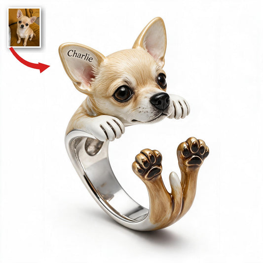 Bague Ajustable Personnalisée en Forme de Chihuahua Blanc et Fauve