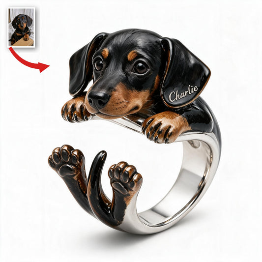 Bague Ajustable Personnalisée pour Amoureux des Chiens - Teckel Noir et Feu