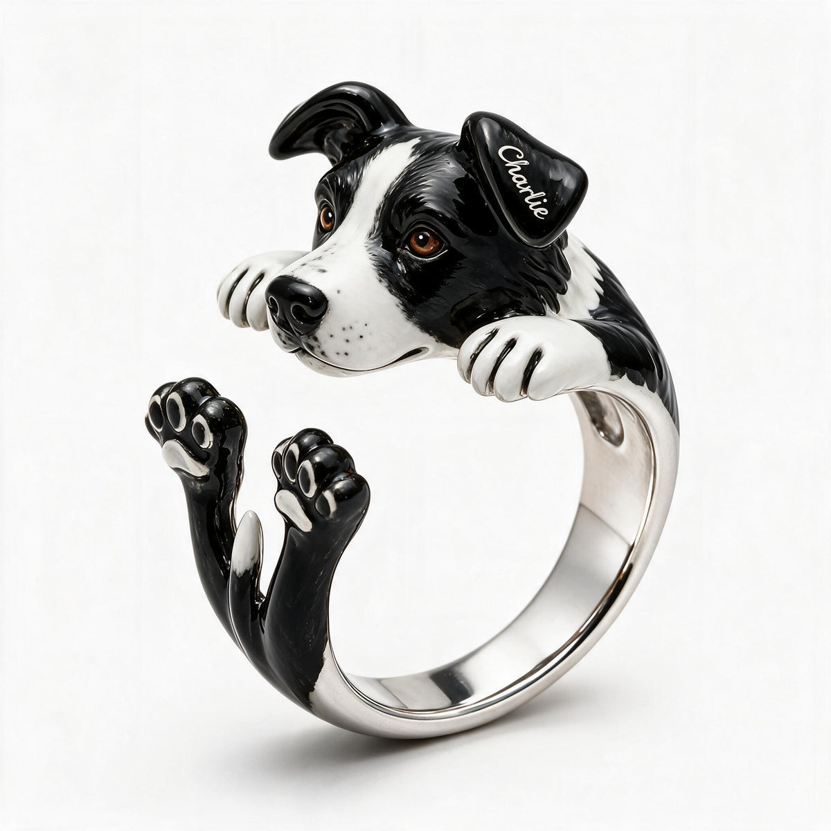 Personalized Black and White Border Collie Adjustable Shaped Ring Dog Lover Gift