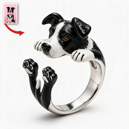 Bague Ajustable Personnalisée Border Collie Noir et Blanc - Cadeau Amoureux des Chiens
