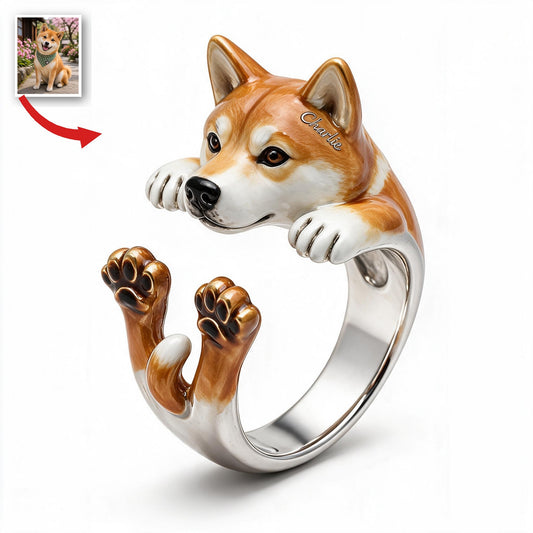 Bague Ajustable Personnalisée Shiba Inu Tan et Blanc - Cadeau Amoureux des Chiens