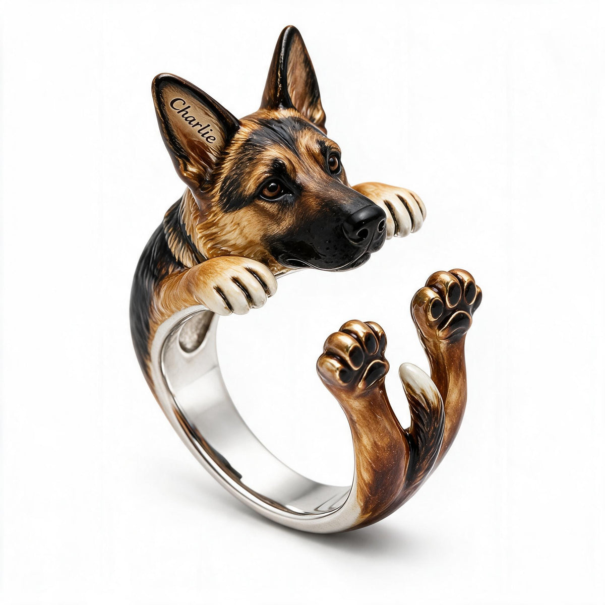 Personalized Black and Tan German Shepherd Adjustable Ring Dog Owner Gift