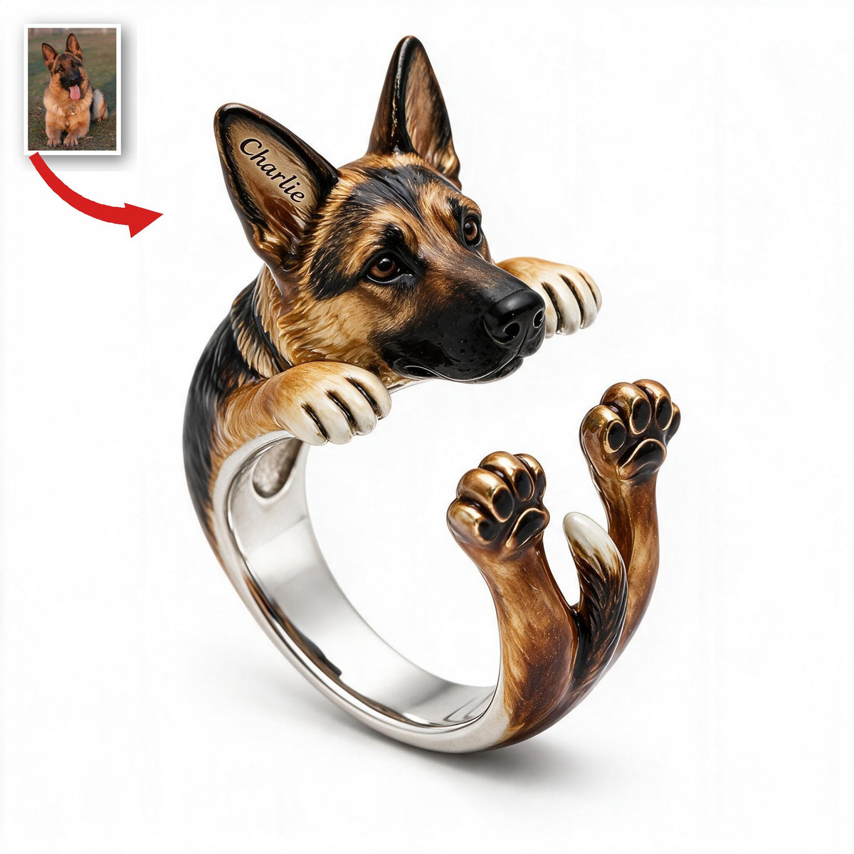 Personalized Black and Tan German Shepherd Adjustable Ring Dog Owner Gift