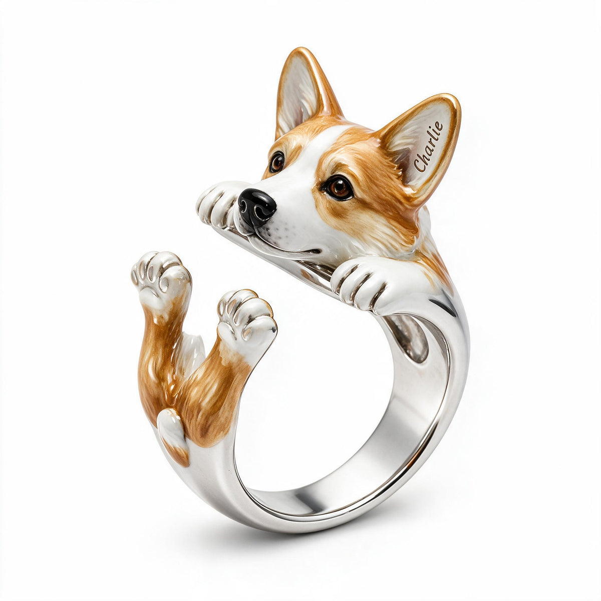 Personalized Tan and White Pembroke Welsh Corgi Adjustable Ring Dog Lover Gift