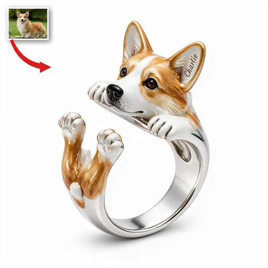 Bague Ajustable Personnalisée Corgi Pembroke Blanc et Tan - Cadeau Amoureux des Chiens
