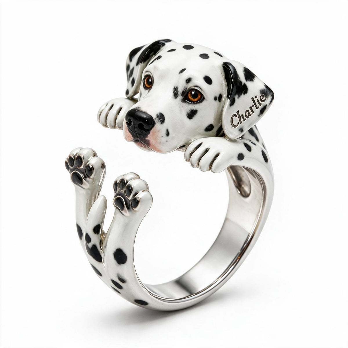 Personalized Black and White Spotted Dalmatian Adjustable Ring Dog Lover Gift