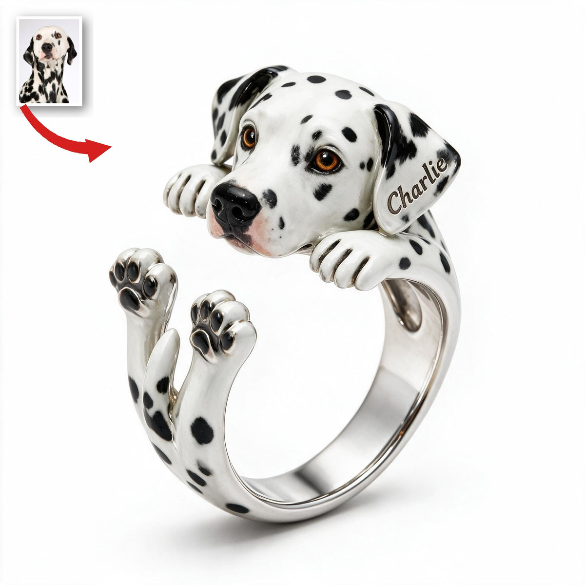 Personalized Black and White Spotted Dalmatian Adjustable Ring Dog Lover Gift