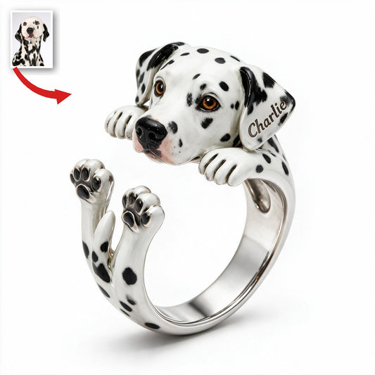 Bague Ajustable Personnalisée en Dalmatien Noir et Blanc - Cadeau pour Amoureux des Chiens