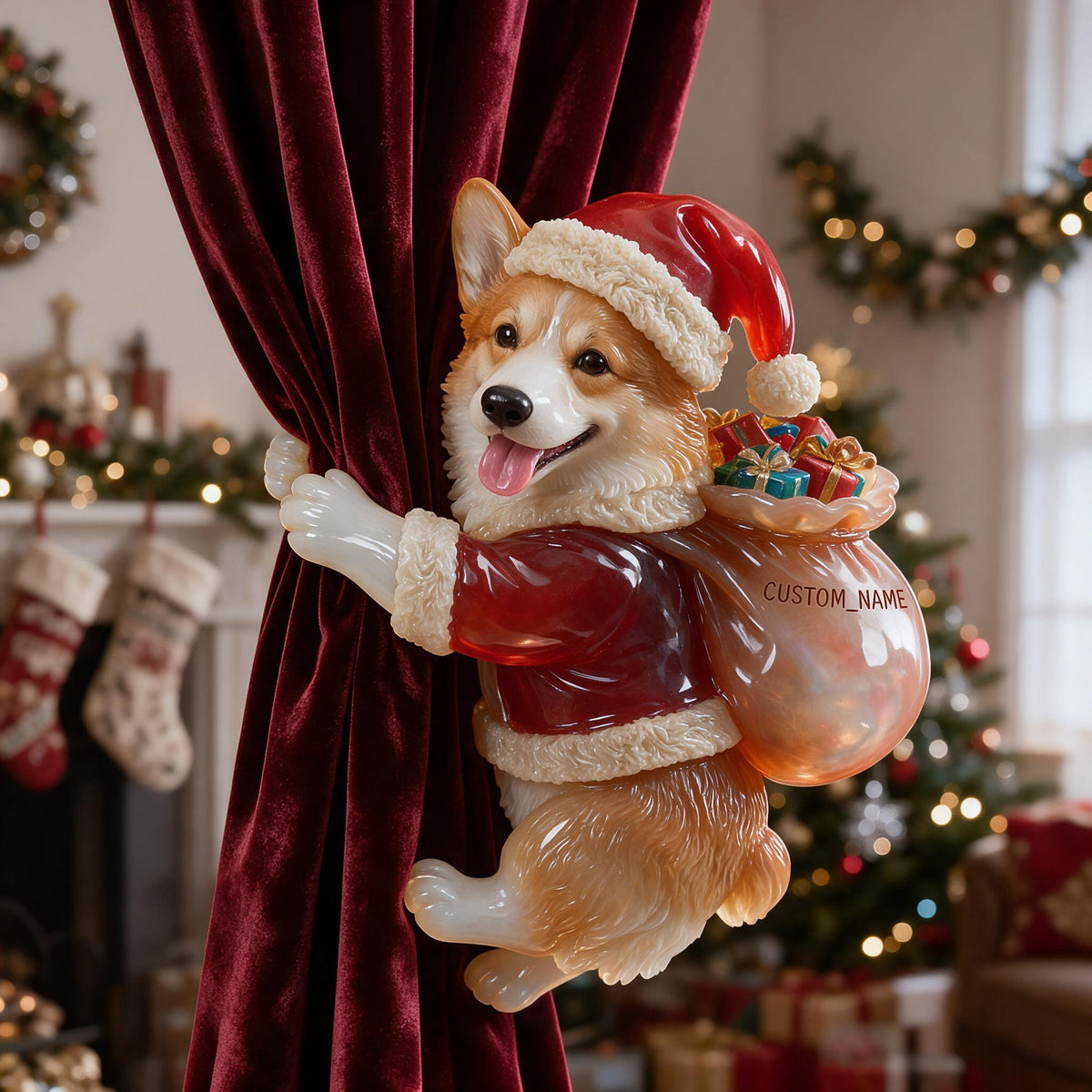 Personalized Custom Photo Christmas Tan and White Pembroke Welsh Corgi Curtain Tieback