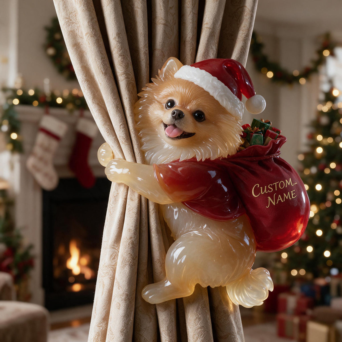 Personalized Custom Photo Christmas Fluffy Golden Tan Pomeranian Curtain Tieback Home Decor