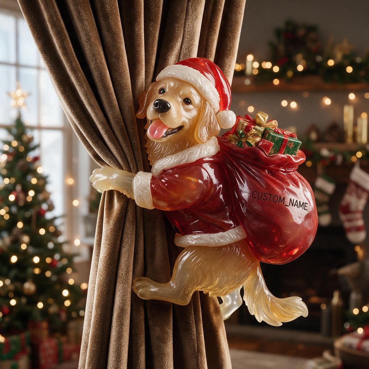 Personalized Custom Photo Christmas Golden Retriever Curtain Tieback Holiday Home Decor