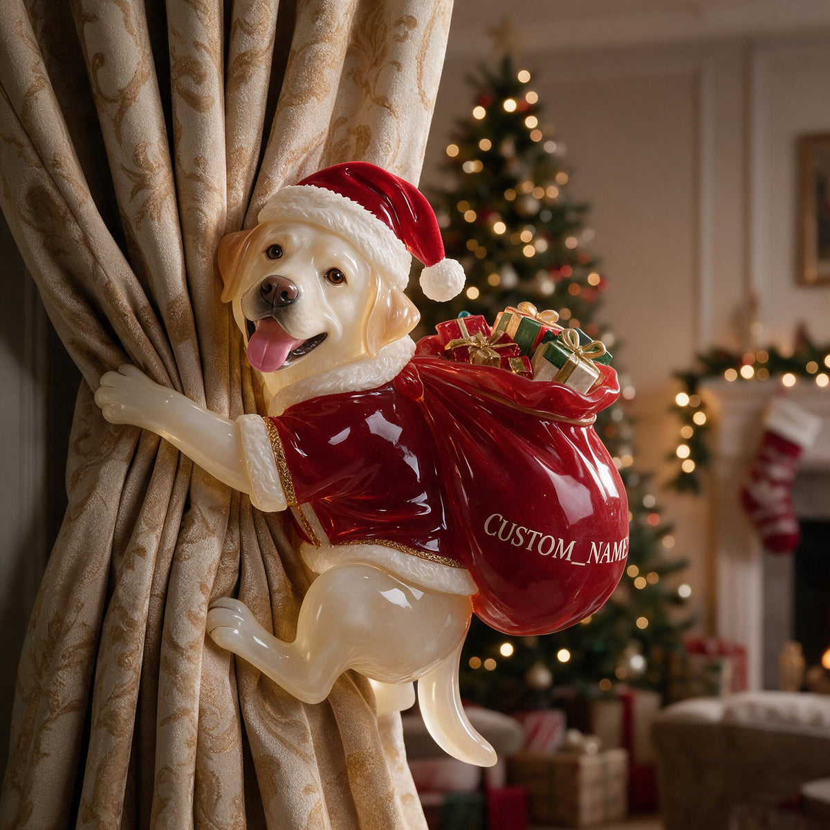 Personalized Custom Photo Christmas Yellow Labrador Retriever Curtain Tieback Holiday Home Decor