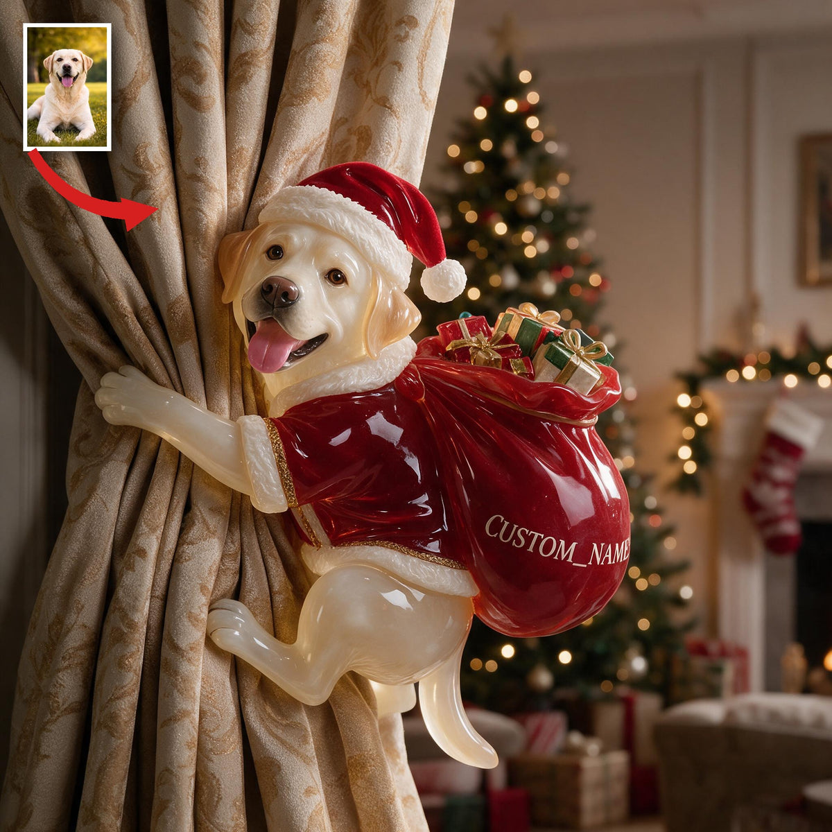 Personalized Custom Photo Christmas Yellow Labrador Retriever Curtain Tieback Holiday Home Decor