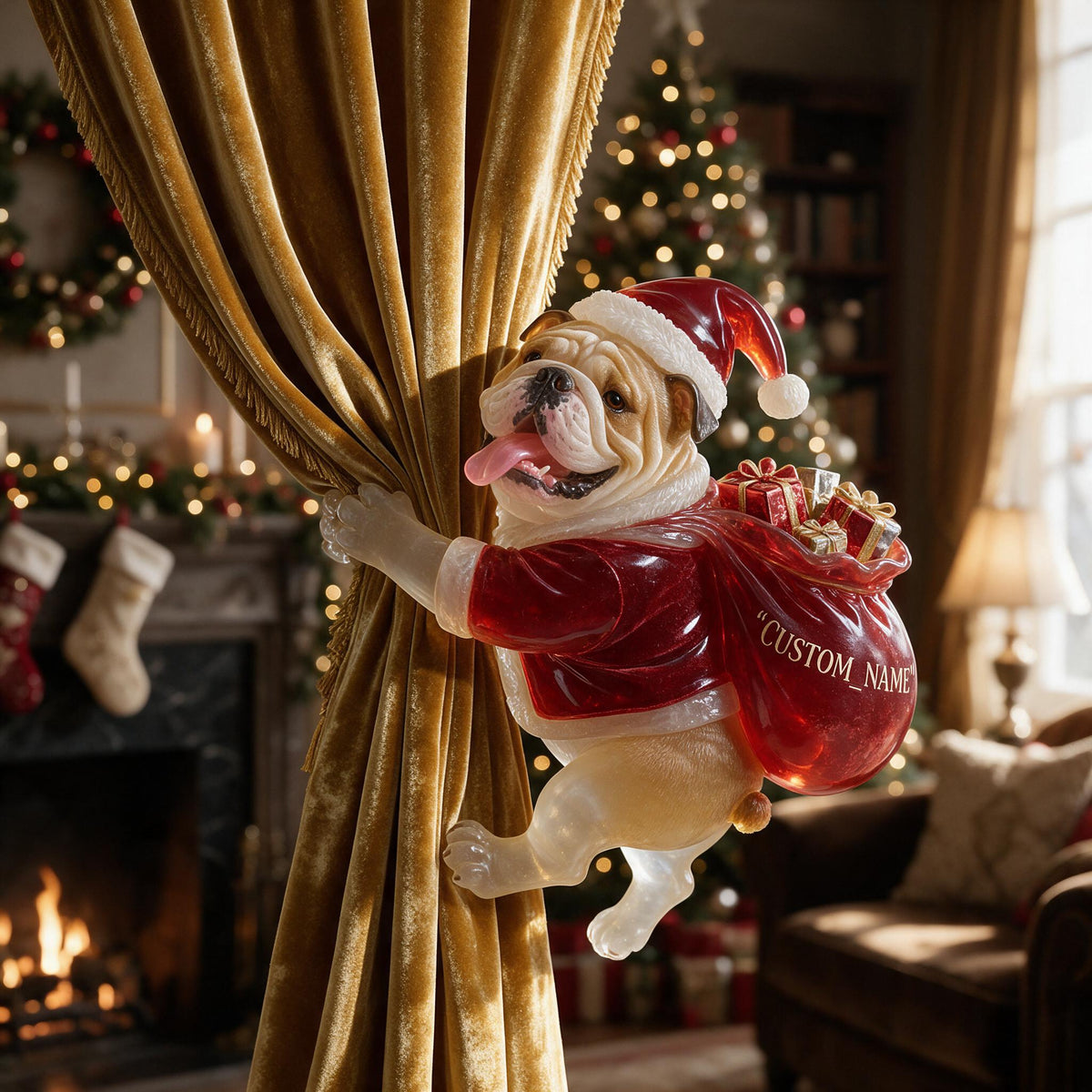 Personalized Custom Photo Christmas Fawn & White Bulldog Curtain Tieback