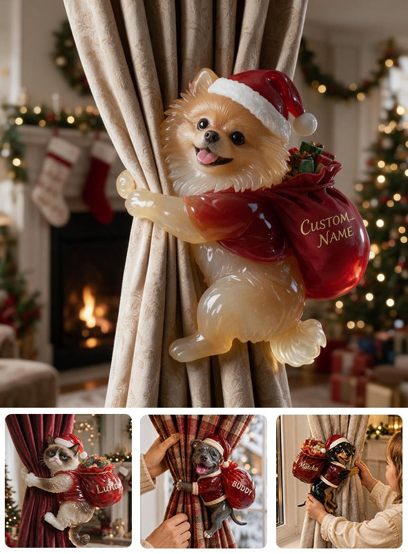 Personalized Custom Photo Christmas Fluffy Golden Tan Pomeranian Curtain Tieback Home Decor