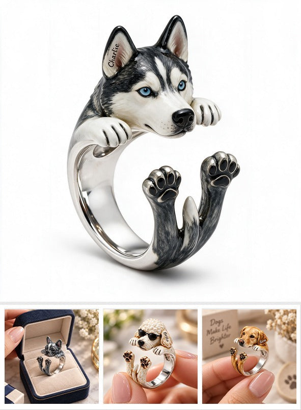 Personalized Blue Eyed Siberian Husky Adjustable Ring Dog Lover Gift