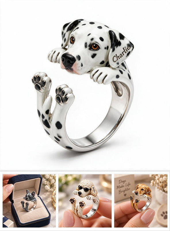 Personalized Black and White Spotted Dalmatian Adjustable Ring Dog Lover Gift