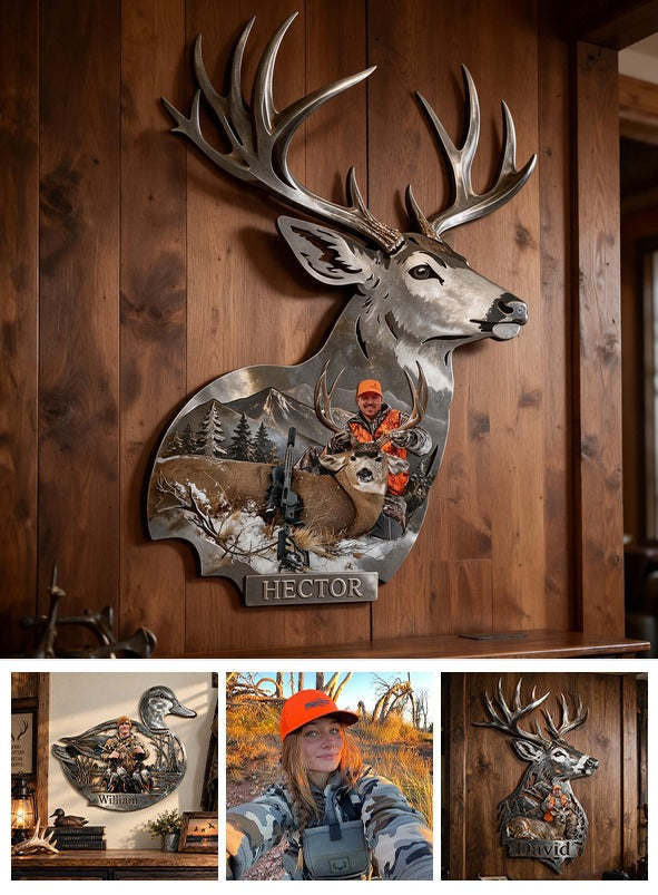 Personalized Custom Photo Middle-Aged Hunter with Deer 3D Cut Metal Sign Hunting Decor