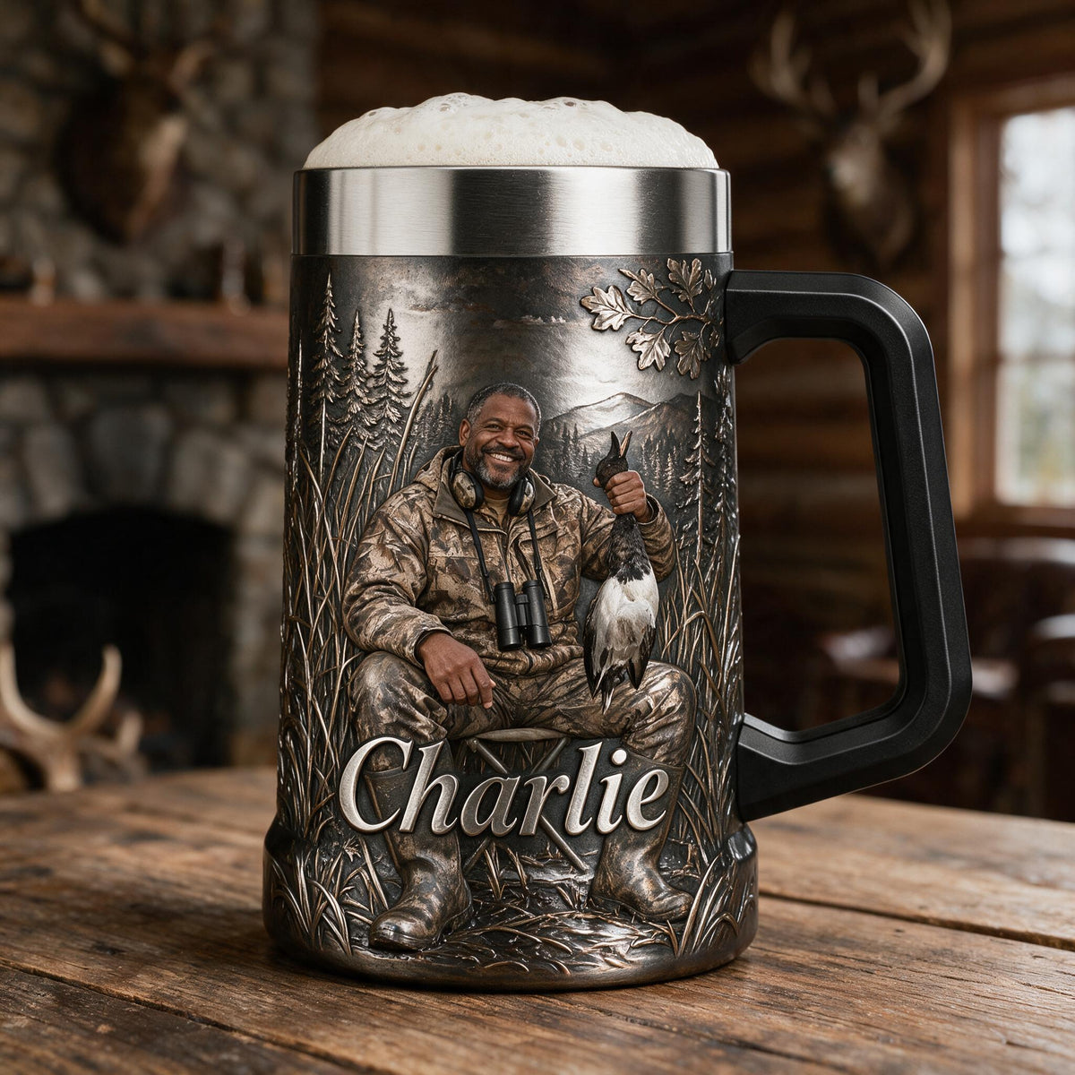 Personalized Middle-Aged Black Duck Hunter Beer Stein Hunting Gift