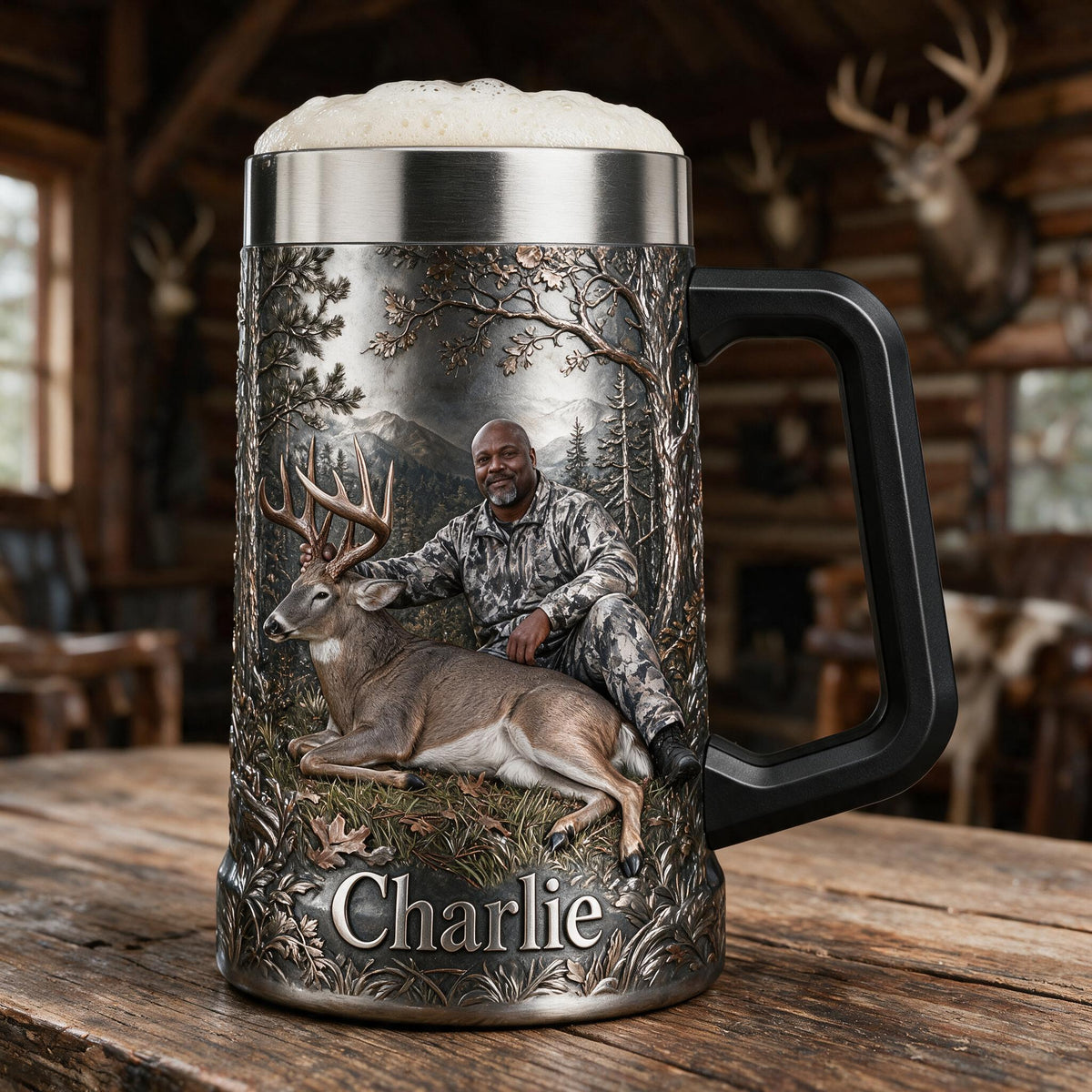 Personalized Middle-Aged Black Hunter with Deer Beer Stein Hunting Gift