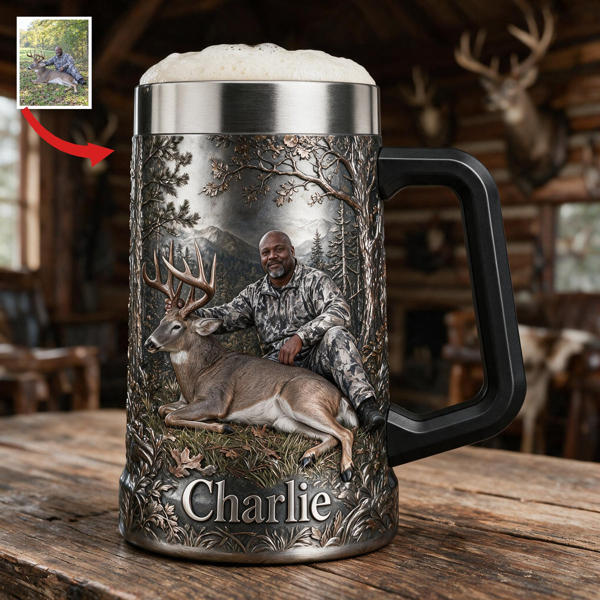 Personalized Middle-Aged Black Hunter with Deer Beer Stein Hunting Gift