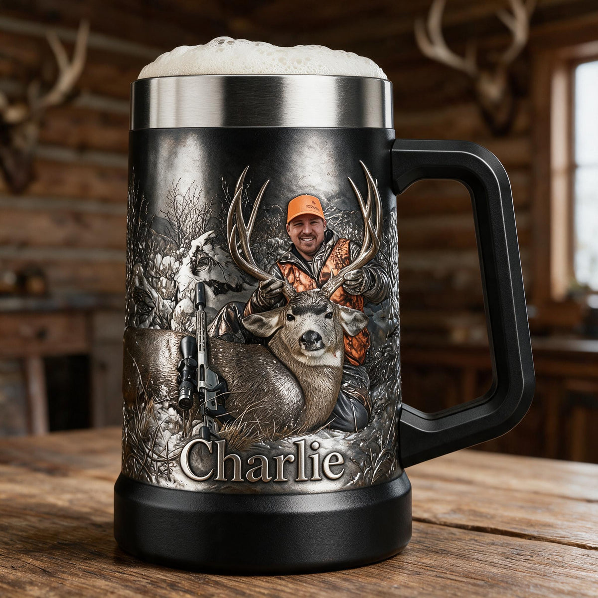 Personalized Middle-Aged Hunter with Deer Beer Stein Hunting Gift
