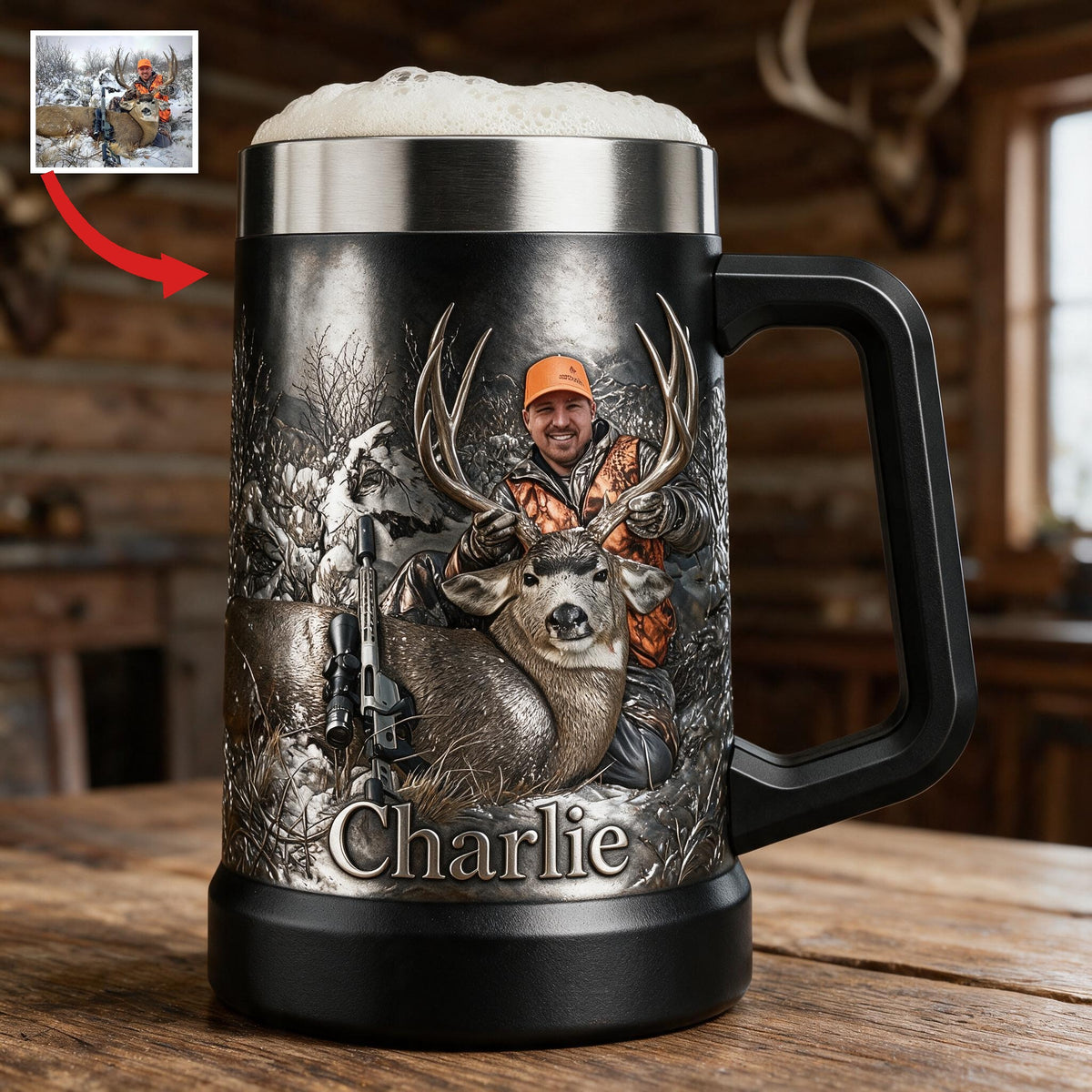 Personalized Middle-Aged Hunter with Deer Beer Stein Hunting Gift