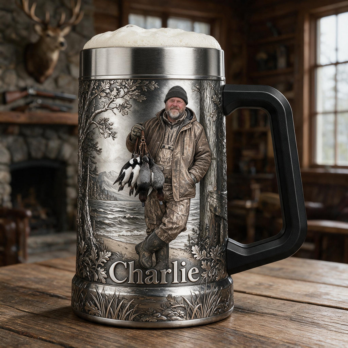 Personalized Middle-Aged Duck Hunter Beer Stein Hunting Gift