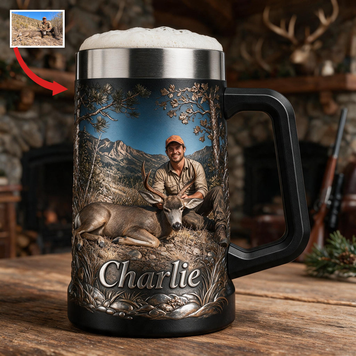 Personalized Latino Hunter with Deer Beer Stein Hunting Gift