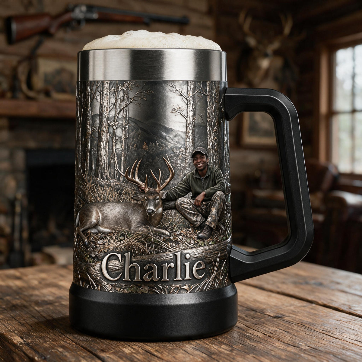 Personalized Black Hunter with Deer Beer Stein Hunting Gift