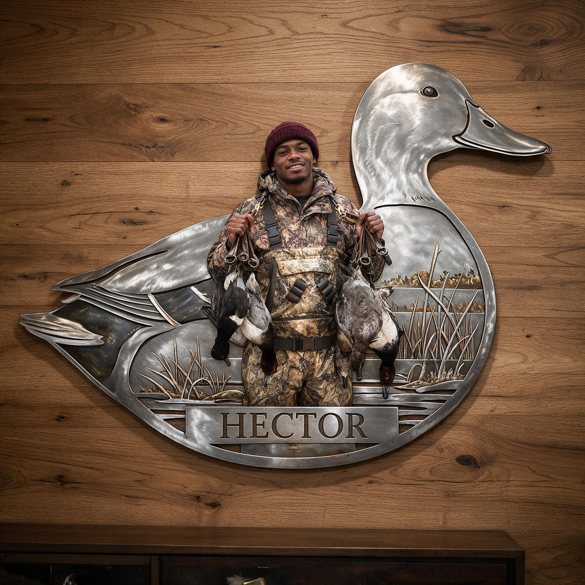 Personalized Custom Photo Black Duck Hunter 3D Cut Metal Sign Hunting Wall Decor