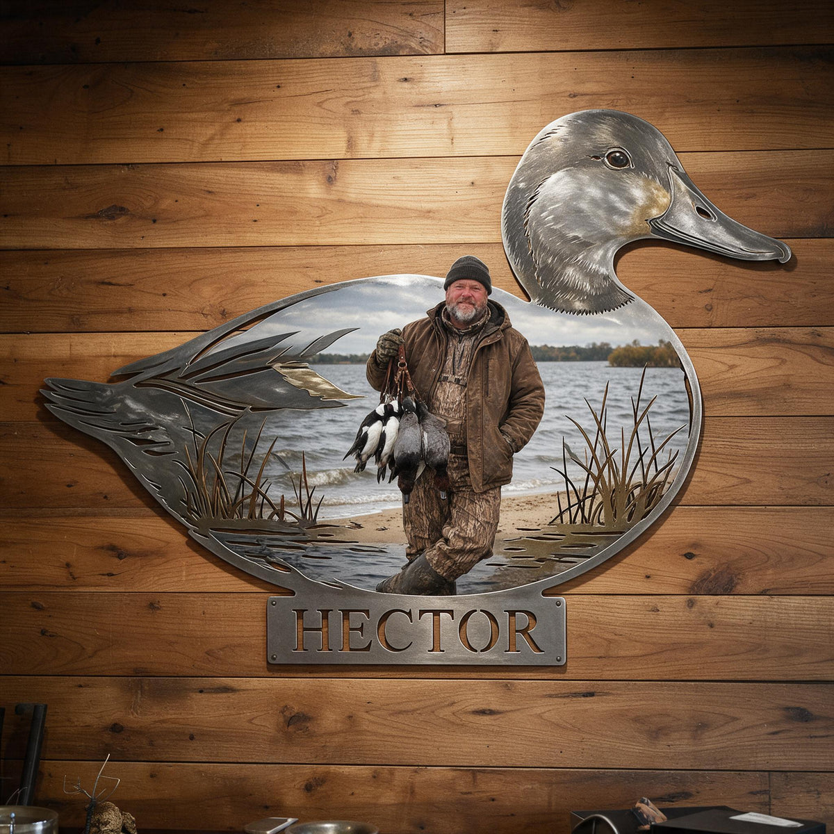 Personalized Custom Photo Middle-Aged Duck Hunter 3D Cut Metal Sign Hunting Wall Decor