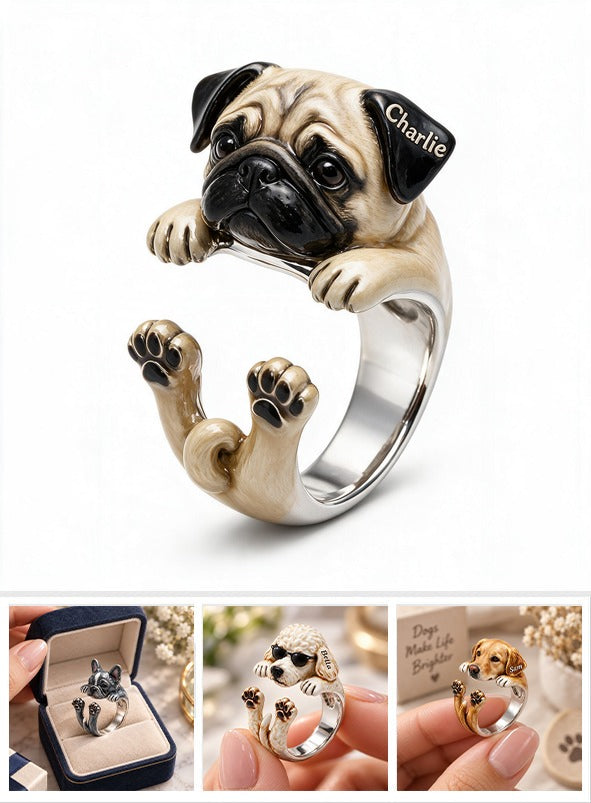 Personalized Fawn Pug Adjustable Ring Dog Lover Gift
