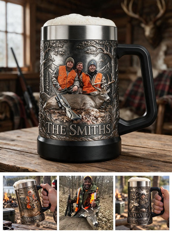 Personalized Custom Photo Hunting Group with Deer Beer Stein Hunter Gift
