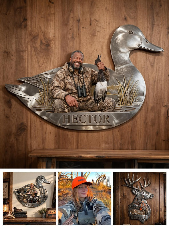 Personalized Custom Photo Middle-Aged Black Duck Hunter 3D Cut Metal Sign Hunting Decor