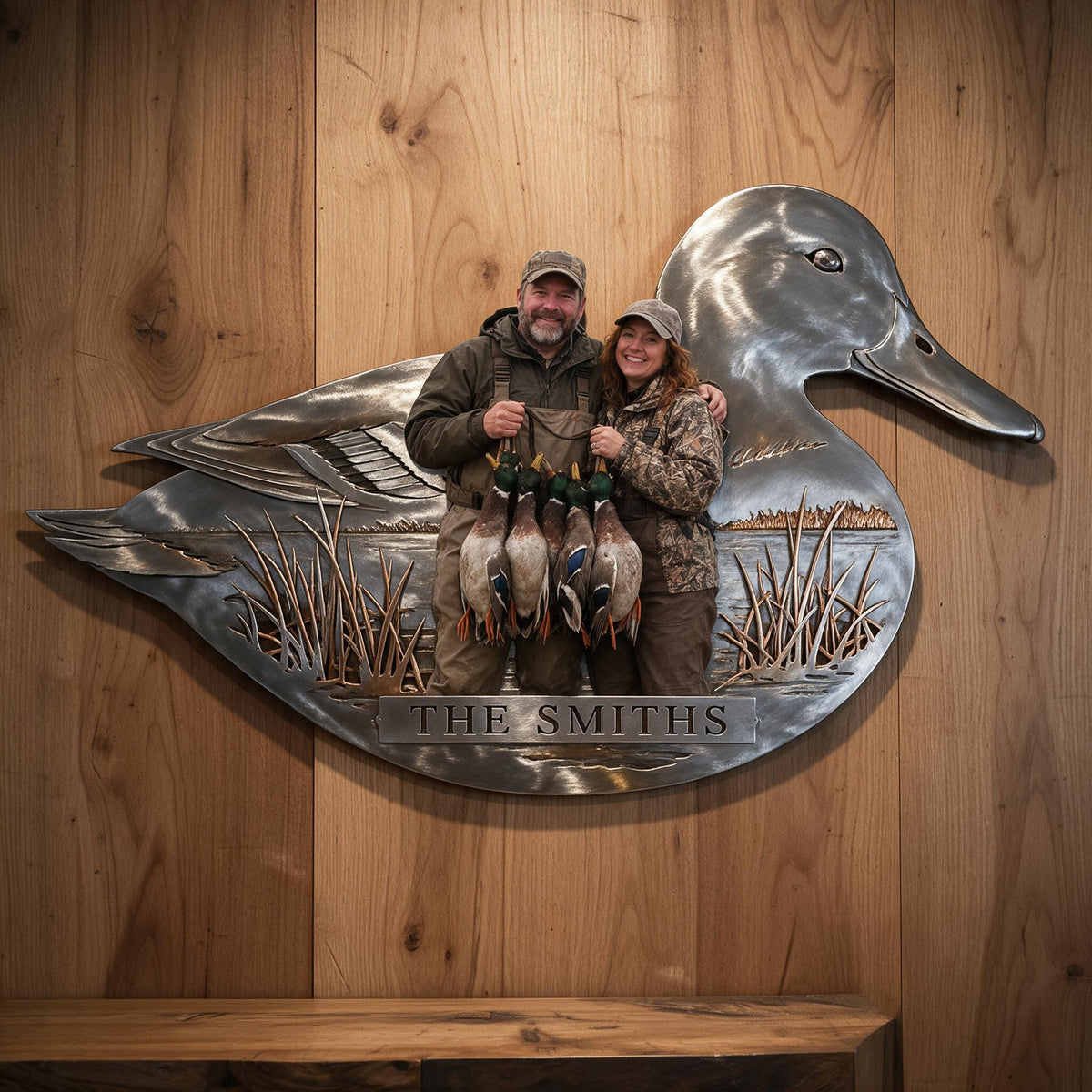 Personalized Custom Photo Middle-aged Duck Hunting Couple 3D Cut Metal Sign Hunting Wall Decor