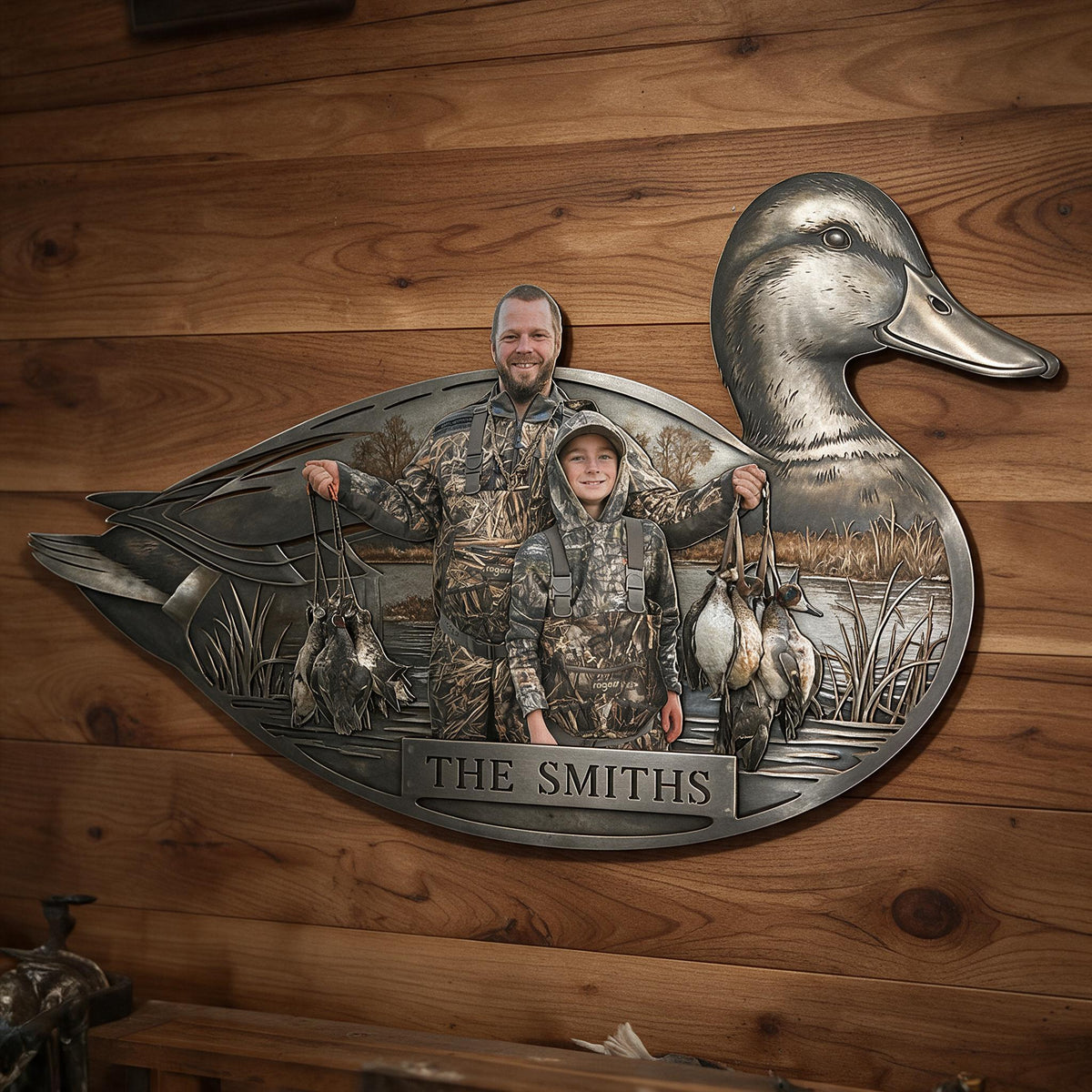 Personalized Custom Photo Father and Child Duck Hunters 3D Cut Metal Sign Hunting Decor