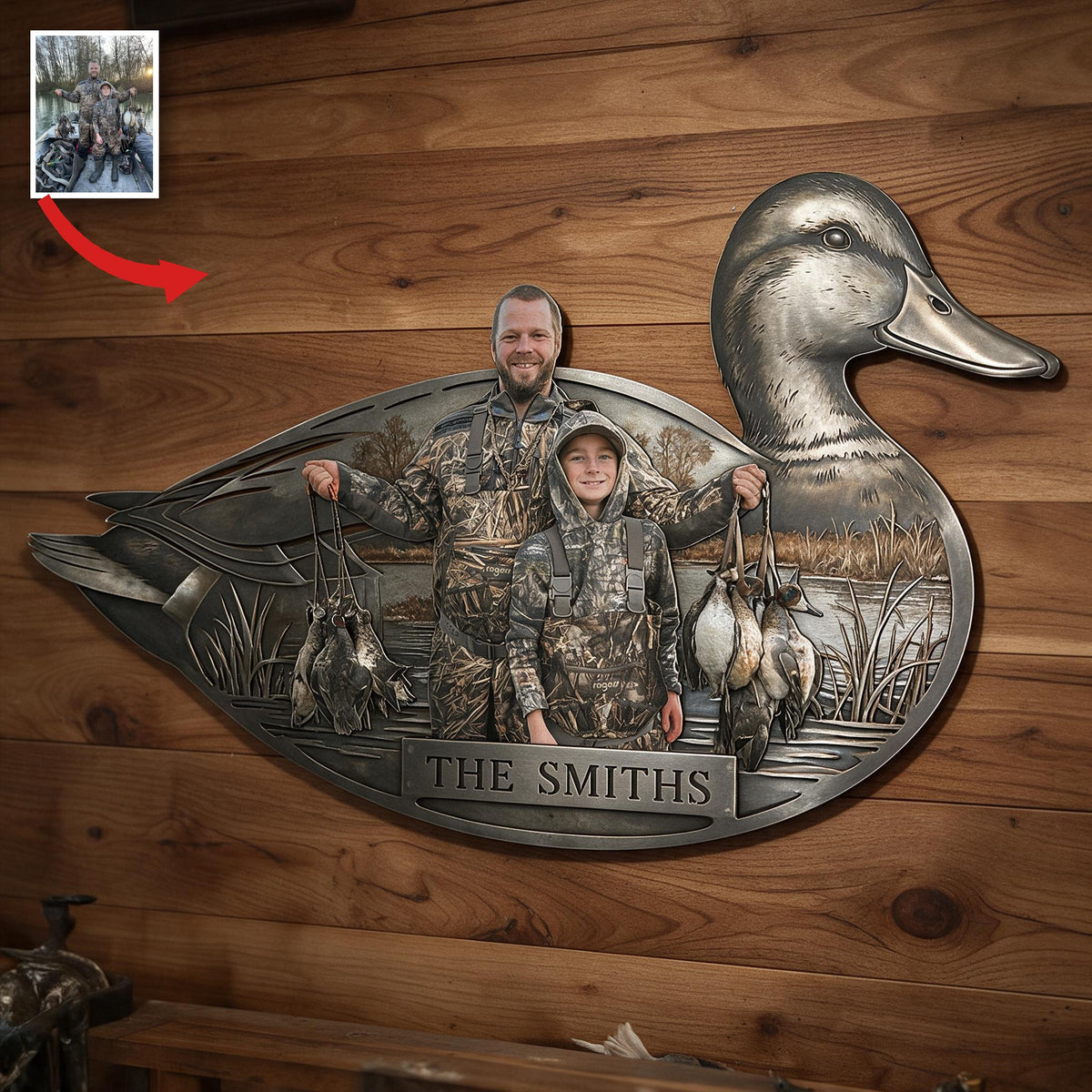 Personalized Custom Photo Father and Child Duck Hunters 3D Cut Metal Sign Hunting Decor