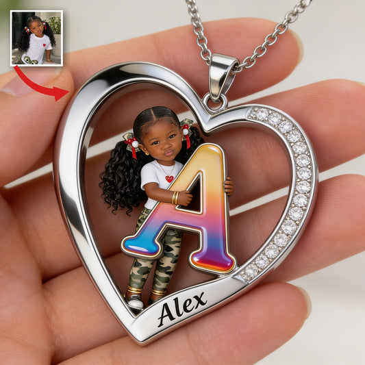 Collier Pendentif Cœur Photo Personnalisé Fille Noire, Cadeau Fille Petite-Fille Nièce