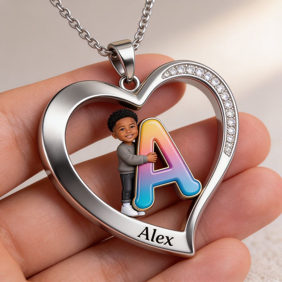 Personalized Custom Photo Black Little Boy Heart Pendant Necklace Keepsake Gift for Son Grandson