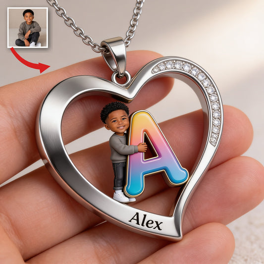 Collier Pendentif Cœur Noir Personnalisé Photo Garçon Cadeau pour Fils Petit-fils