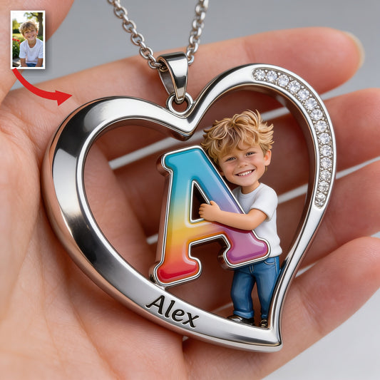Collier Pendentif Cœur Photo Personnalisé Petit Garçon, Cadeau Souvenir Fils Petit-fils