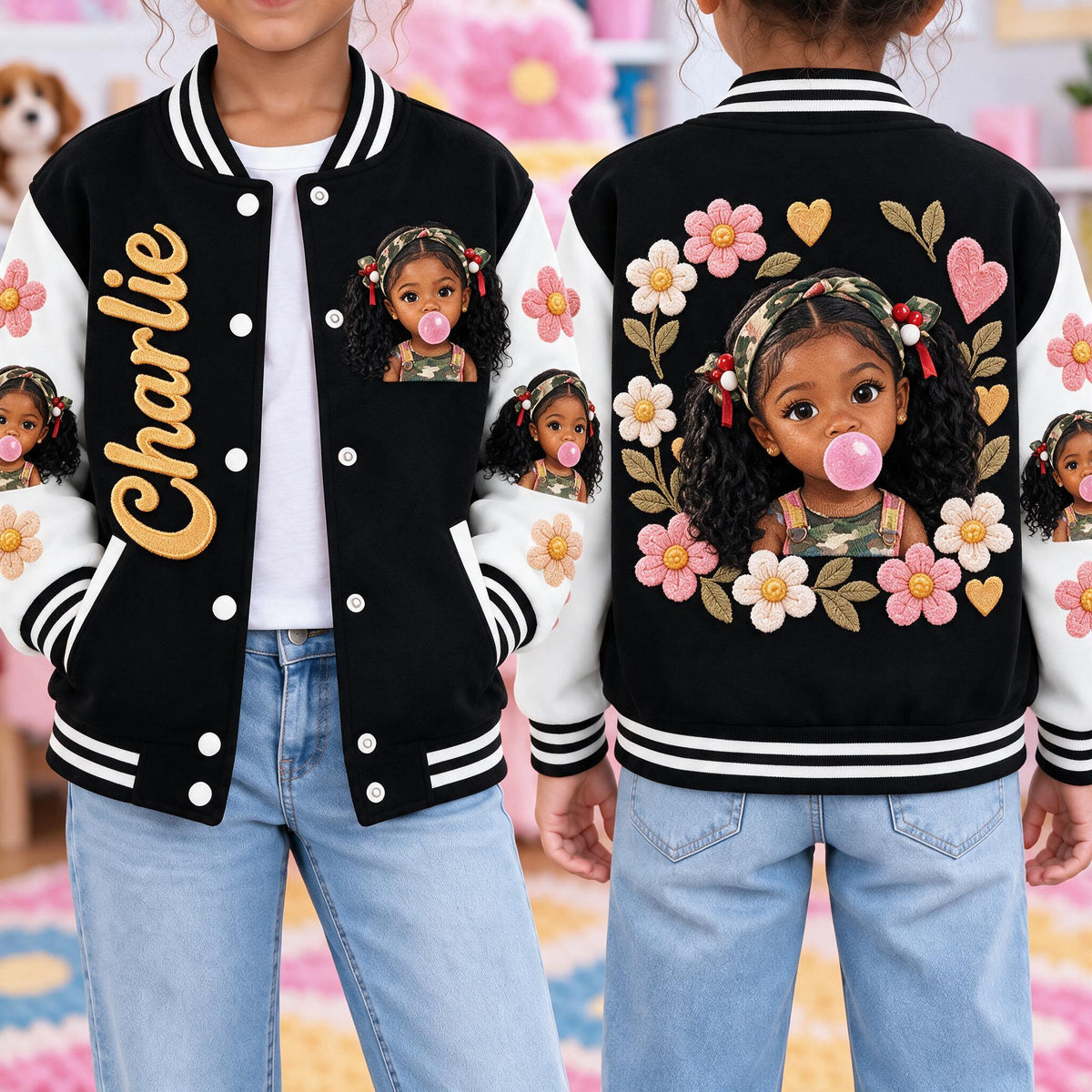 Personalized Black Little Girl Varsity Jacket Custom Kid Gift