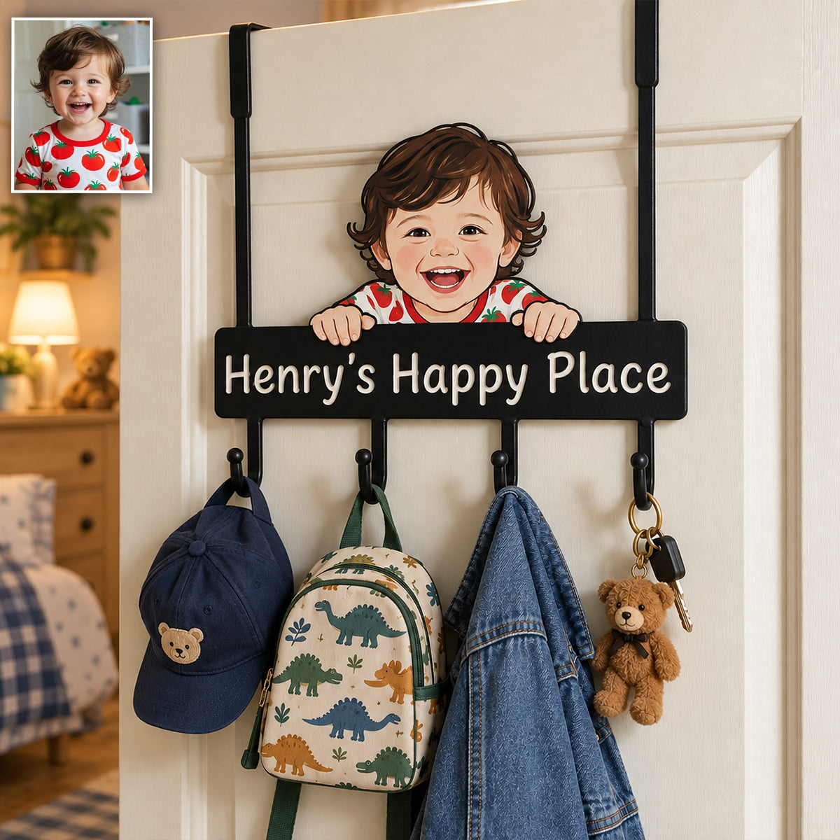 Personalized Custom Photo Little Boy Metal Door Hooks Kids Room Decor