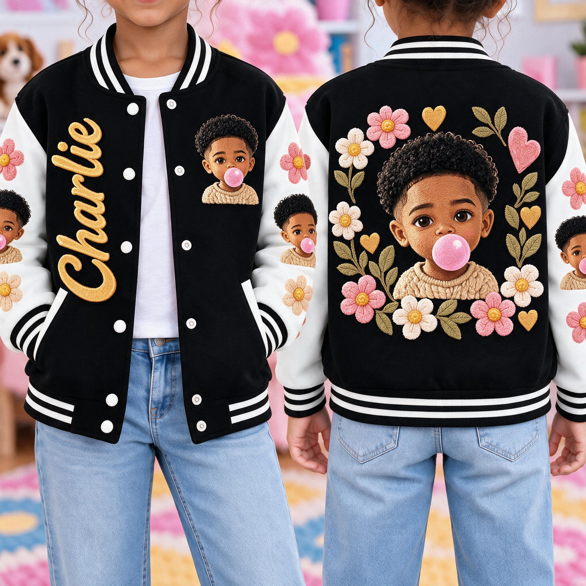 Personalized Black Little Boy Varsity Jacket Custom Gift for Son Grandson Nephew