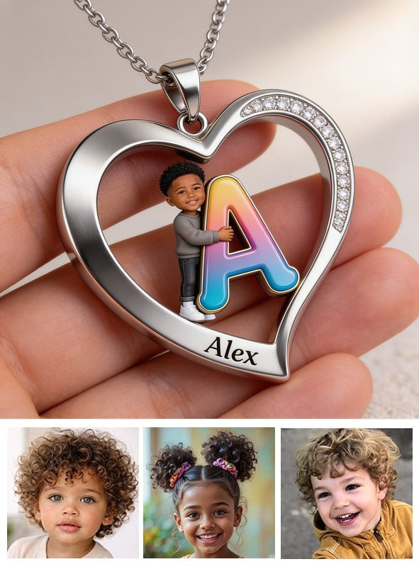Personalized Custom Photo Black Little Boy Heart Pendant Necklace Keepsake Gift for Son Grandson