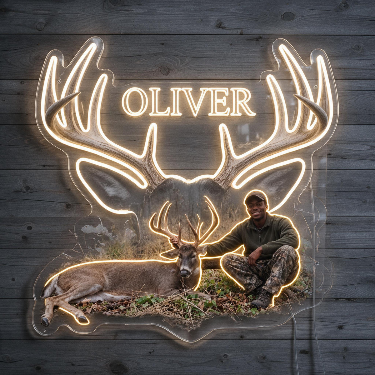 Personalized Black Hunter with Deer Neon LED Light Sign Hunting Wall Decor