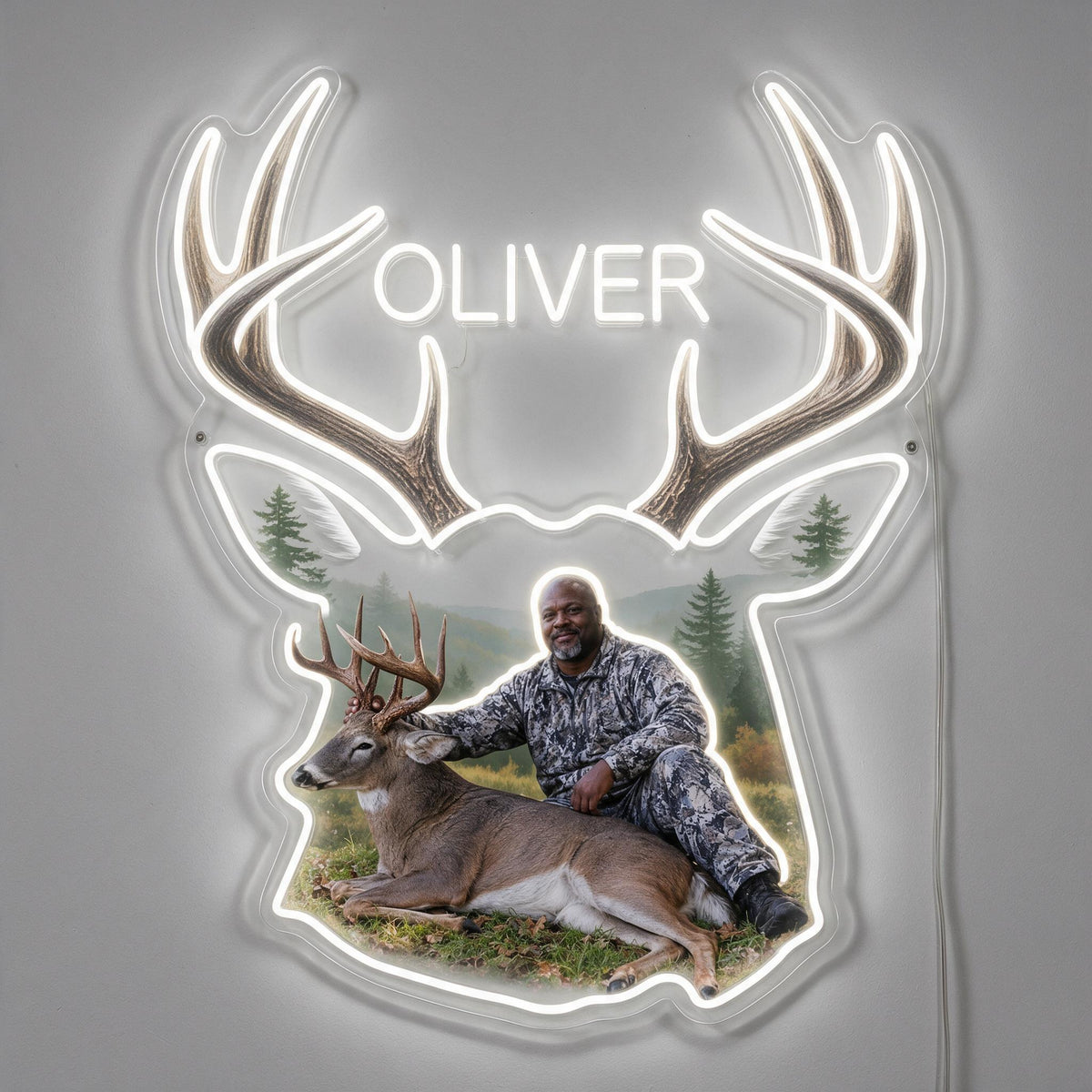 Personalized Middle-Aged Black Hunter with Deer Neon LED Light Sign Hunting Decor