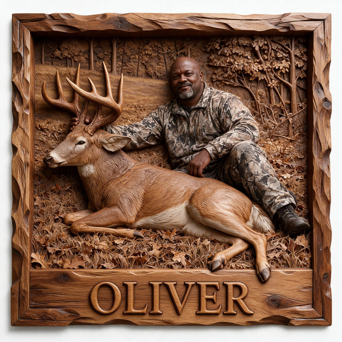 Personalized Custom Photo Middle-Aged Black Hunter with Deer Wood Sign Hunting Decor