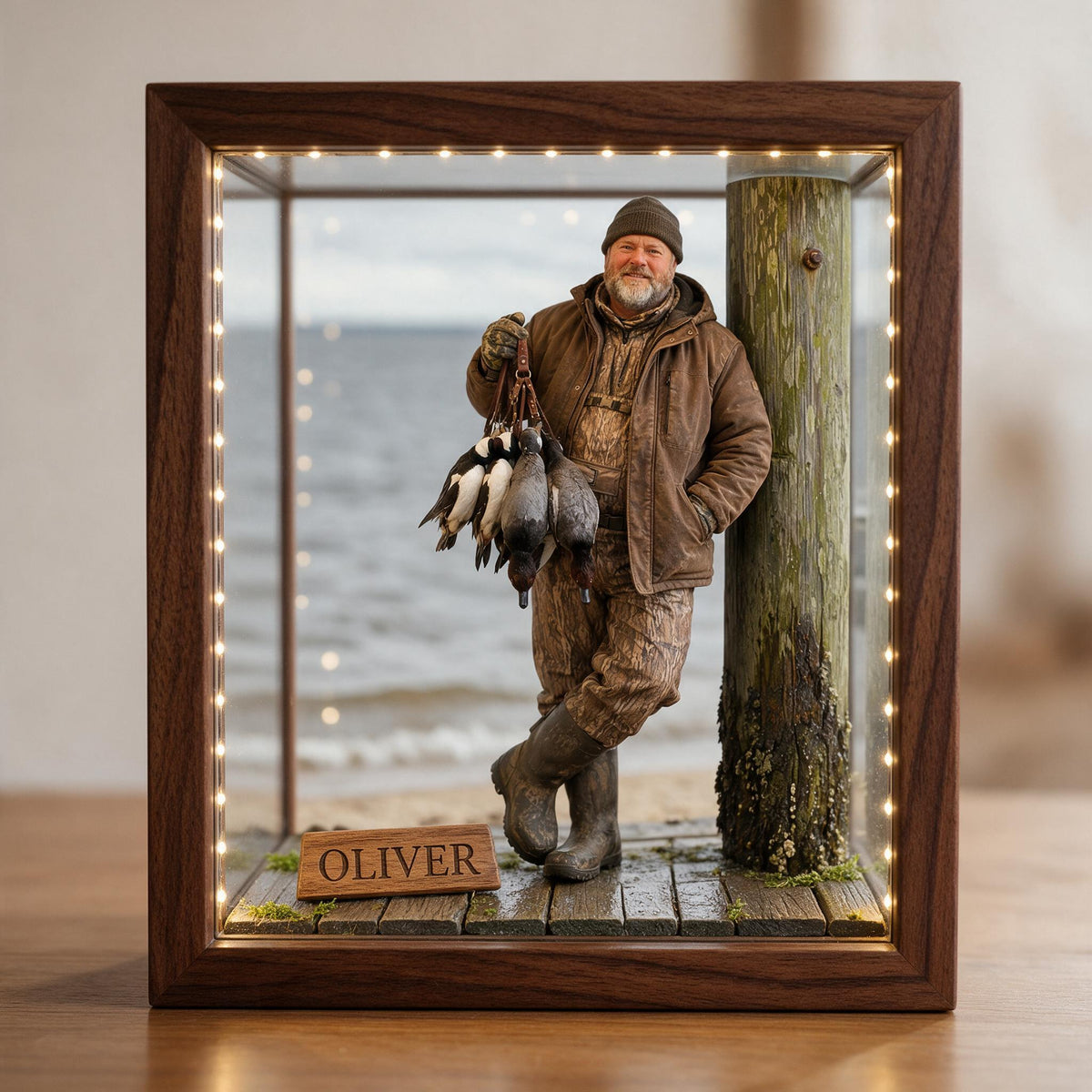 Personalized Custom Photo Middle-Aged Duck Hunter Wooden Frame LED Light Hunting Gift